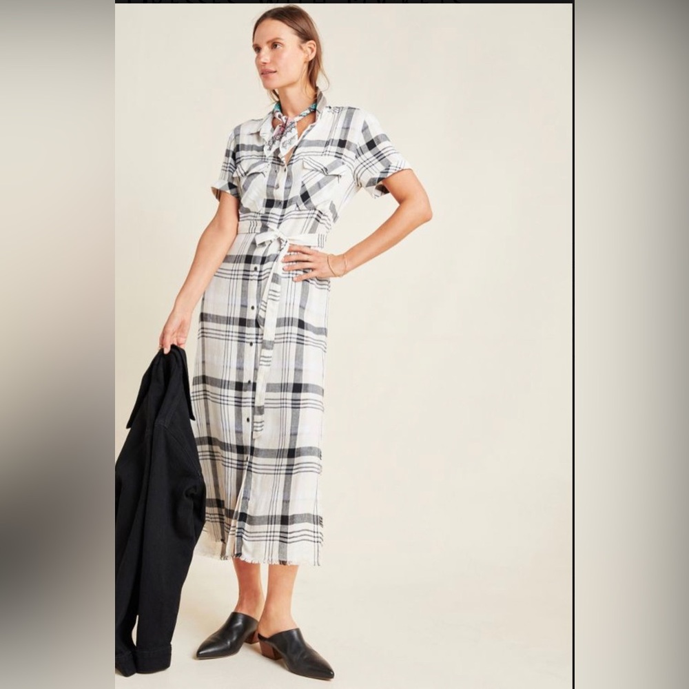 Anthropologie Cloth & Stone Hannah Midi White Plaid Button Down Shirt Dress Sz S